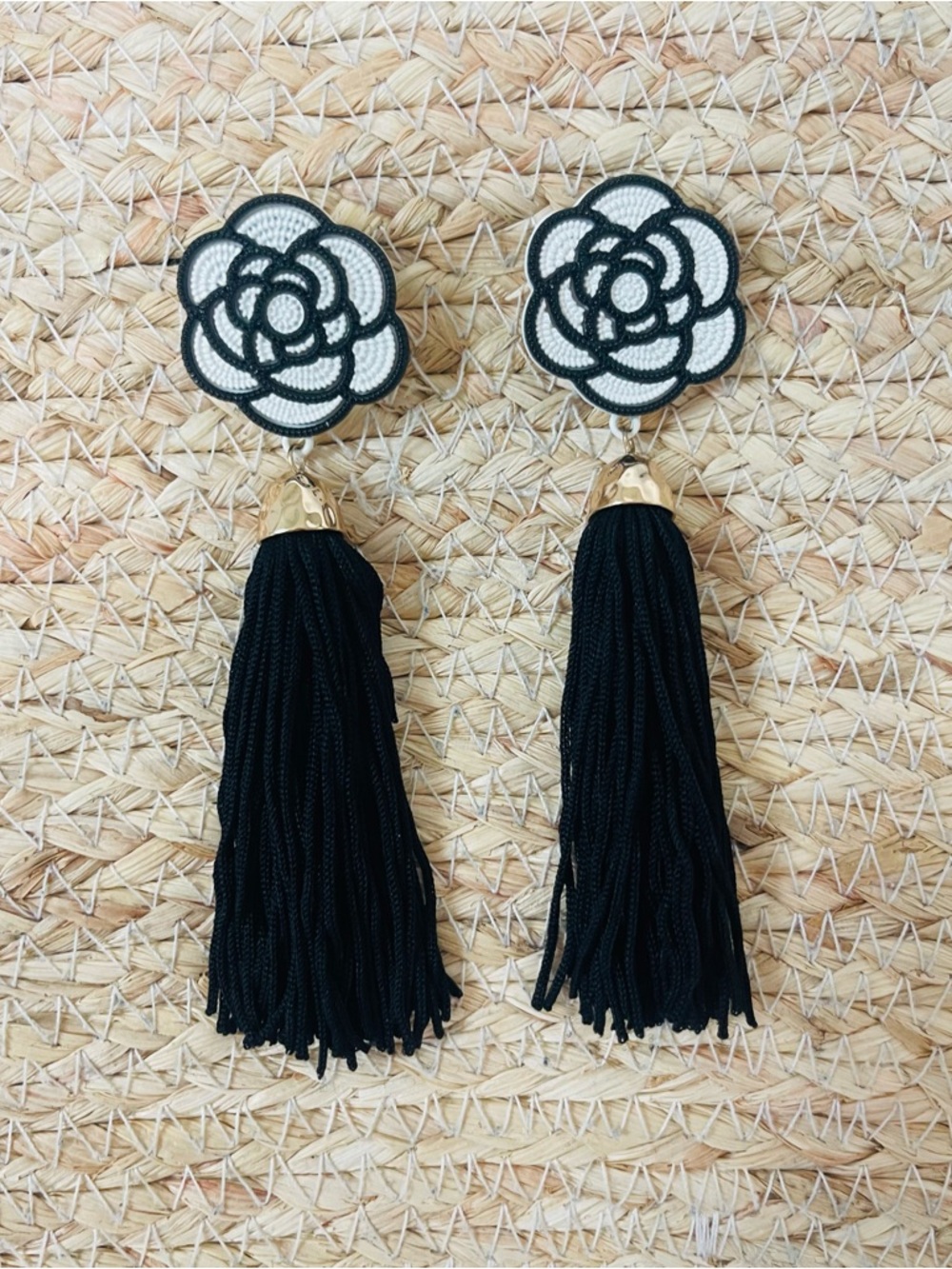 Black Floral Tassel Drop Earrings - Brand